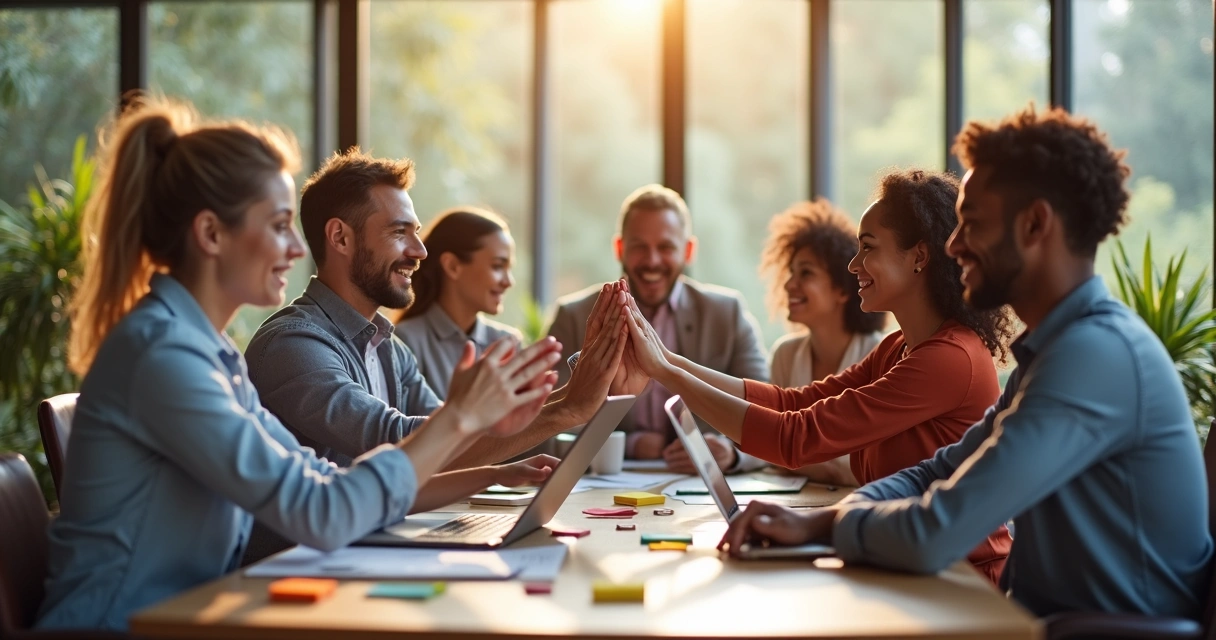 Equipe celebrando em reunião de trabalho tranquila 