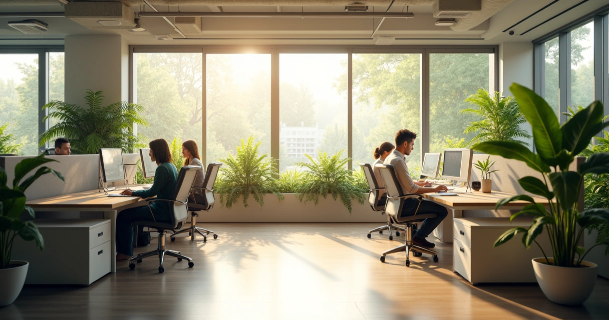 Espaço de trabalho com plantas, luz natural e pessoas trabalhando de forma calma 
