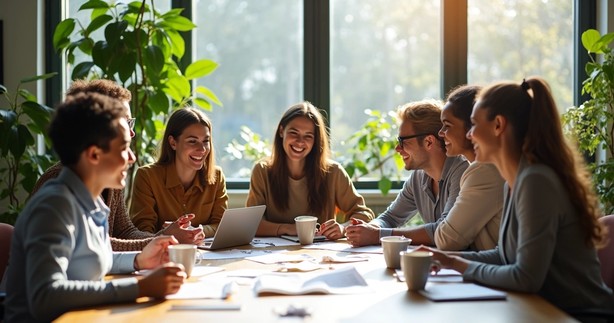 Equipe de trabalho em ambiente saudável e colaborativo, sorrindo em escritório 