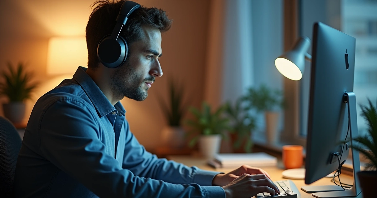 Pessoa adulta em escritório com fones de ouvido, luz suave e elementos de rotina visual 