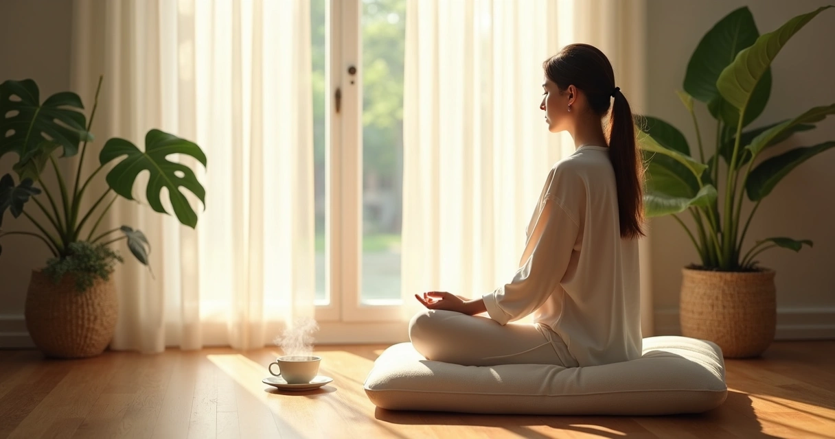 Pessoa sentada em ambiente calmo com luz suave e elementos sensoriais naturais 
