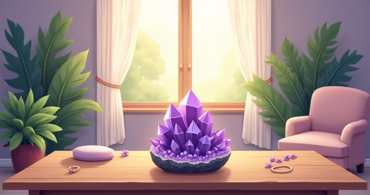 Um ambiente sereno com um cristal de ametista em uma mesa de madeira, rodeado por plantas verdes e um canto de meditação.