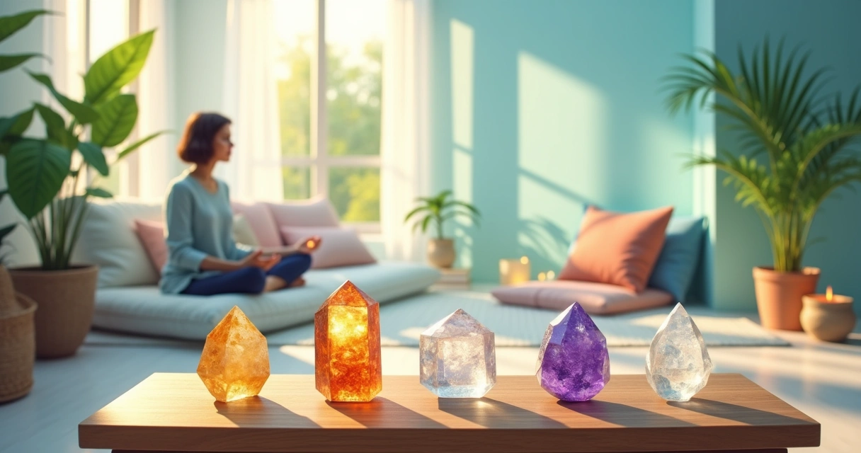 Ambiente sereno com cristais coloridos em uma mesa, área de meditação e luz suave.