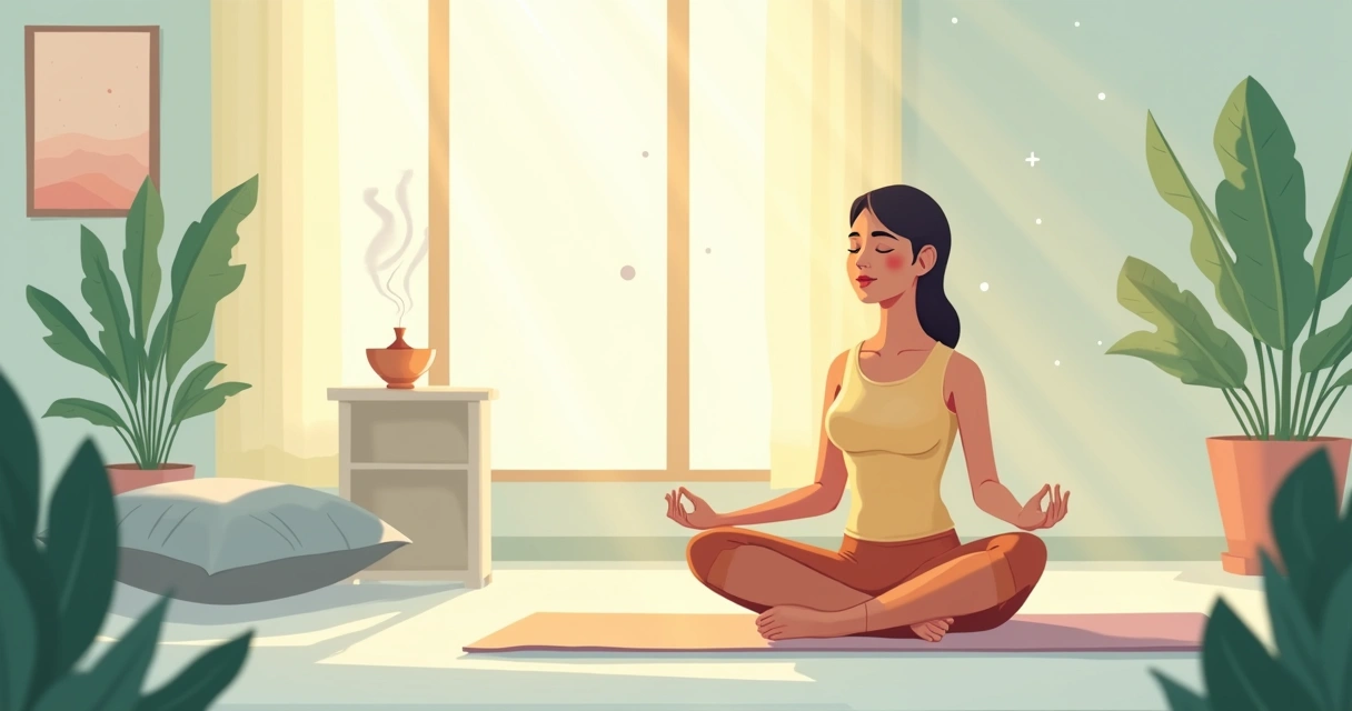 Ambiente sereno de meditação com pessoa sentada, plantas, luz suave e detalhes relaxantes em Português
