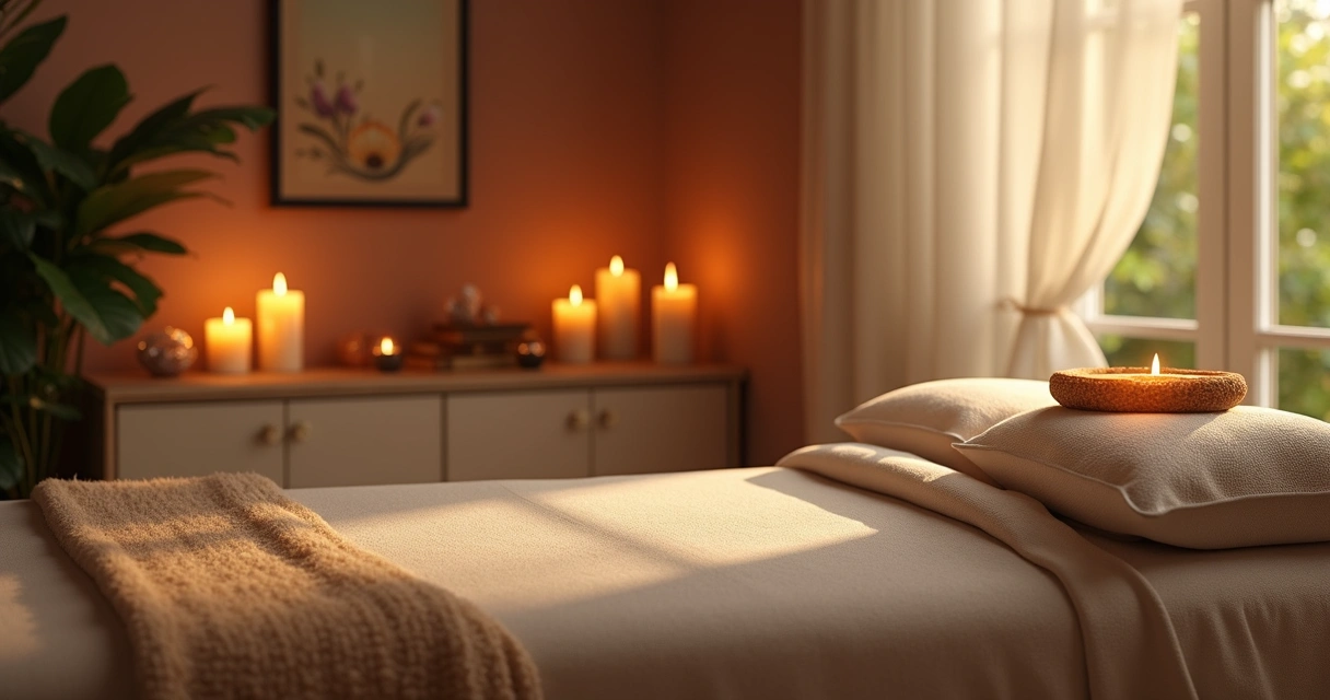 Sala aconchegante preparada para uma sessão de Reiki, com velas e almofadas 