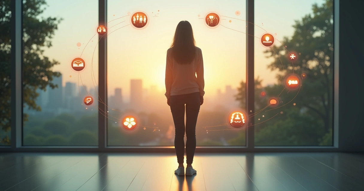 Pessoa em pé no centro cercada por conexões representando ambiente sistêmico e desenvolvimento pessoal 