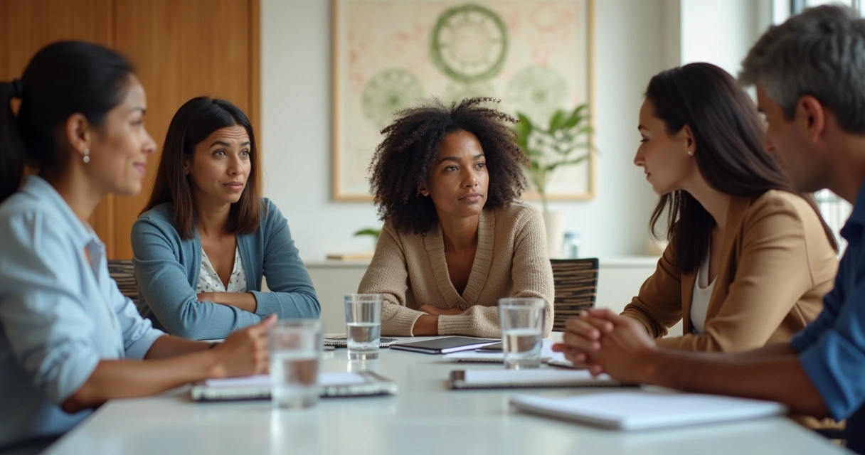 Grupo de pessoas conversando numa sala de reuniões 