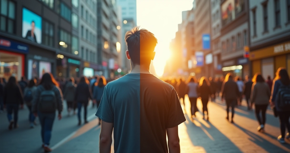 Pessoa em multidão urbana com paisagem dividida entre caos e harmonia 
