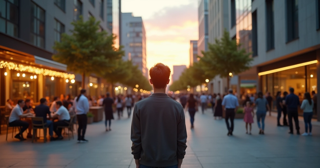 Pessoa em pé no centro de diferentes grupos sociais conectados por linhas luminosas 