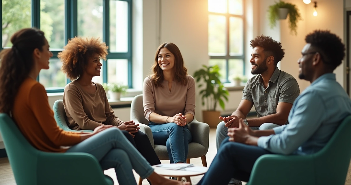 Equipe diversa reunida dialoga em círculo em ambiente iluminado 