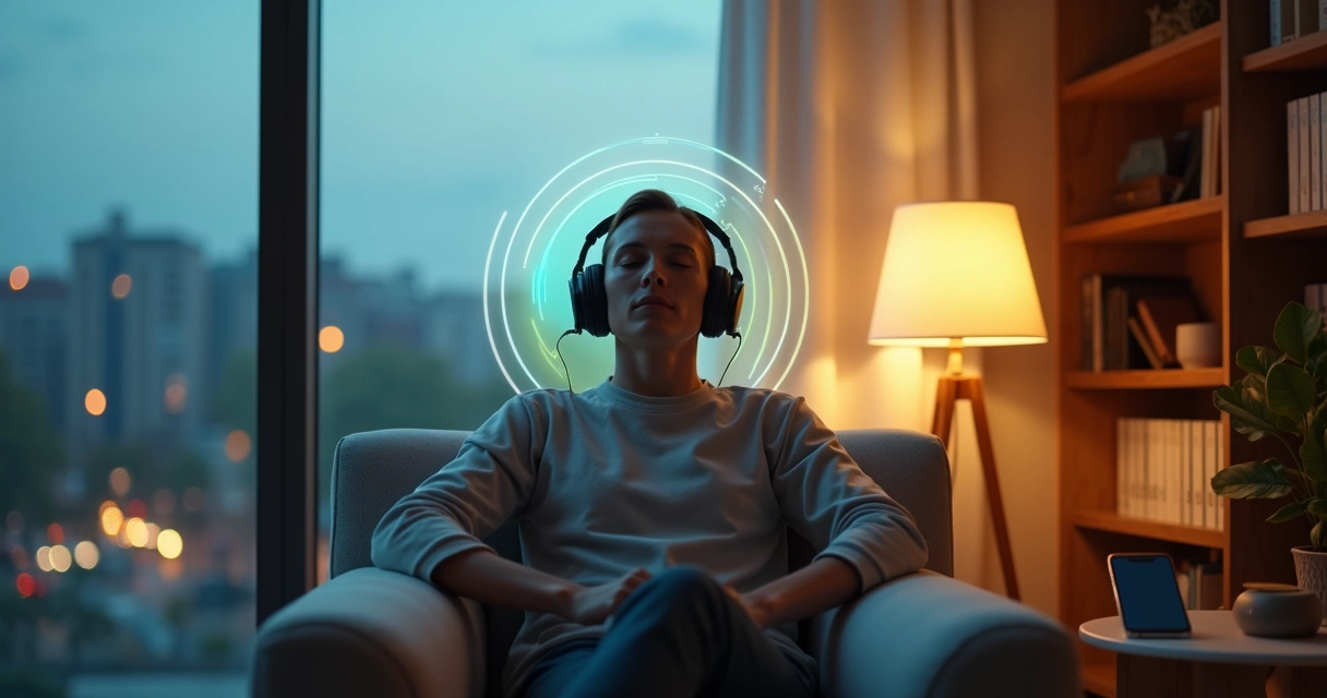 Pessoa relaxando em sala de estar com fones e ondas sonoras coloridas no ar 