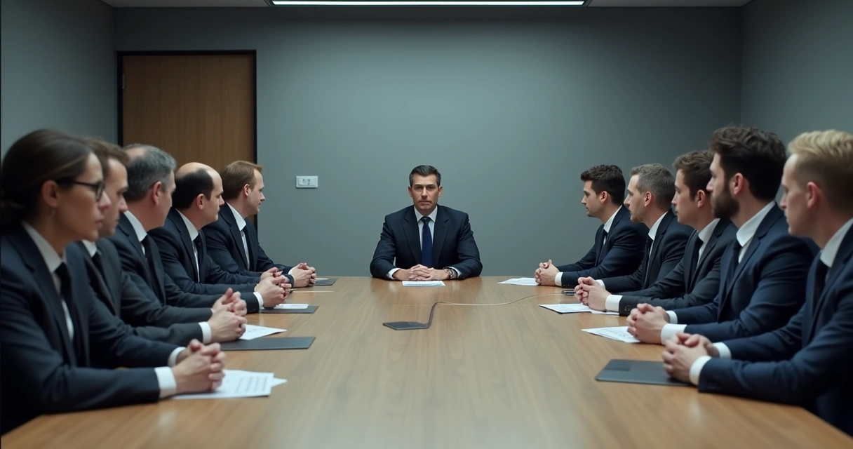 Reunião formal com pessoas sérias sentadas em linha, expressão neutra, liderança rígida 