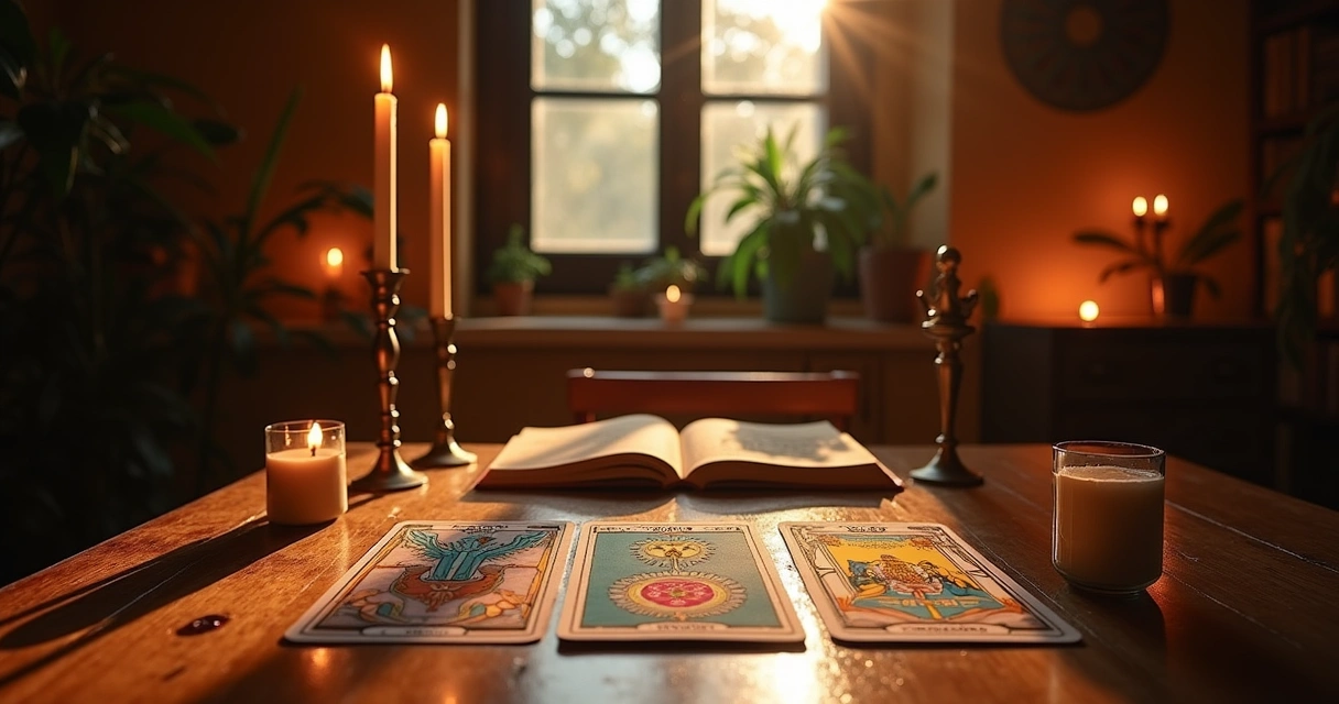 Ambiente acolhedor com mesa de tarot, cartas coloridas, chá e caderno para reflexão pessoal.