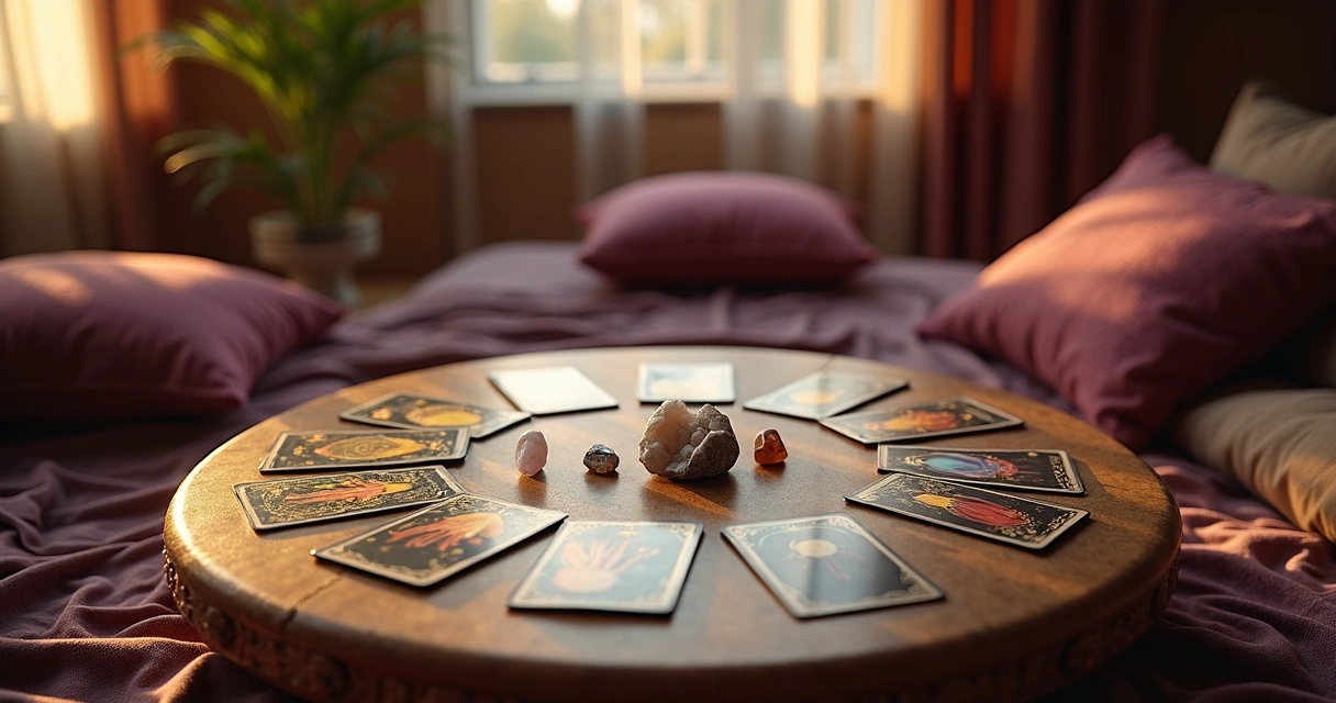 Ambiente acolhedor com luz suave, cartas e elementos espirituais na mesa 