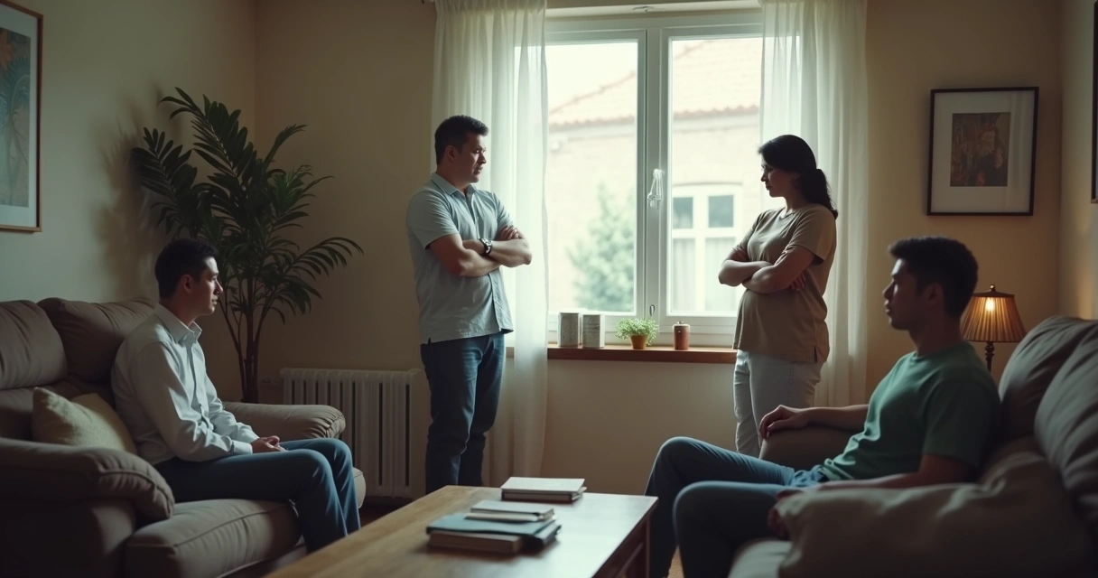 Sala com pessoas em silêncio e clima tenso