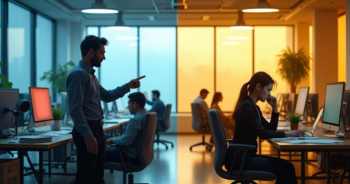 Equipe em escritório moderno separada por clima tóxico no trabalho 