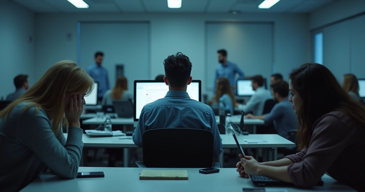 Ambiente de escritório com colaboradores tensos e expressão séria 