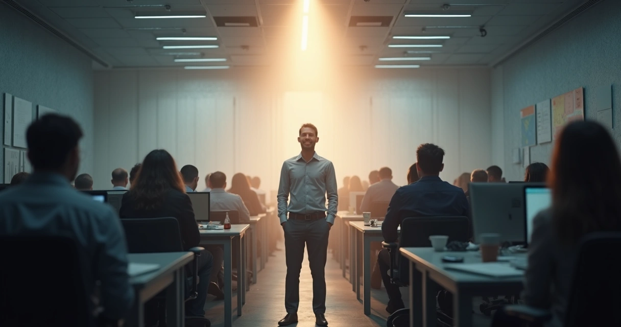 Ambiente de escritório inicialmente sombrio, com uma pessoa iluminando o espaço com atitude positiva 