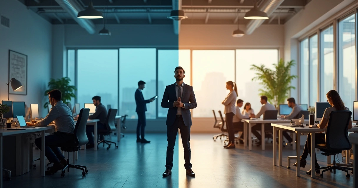 Pessoa em escritório dividido entre clima tóxico e ambiente saudável 