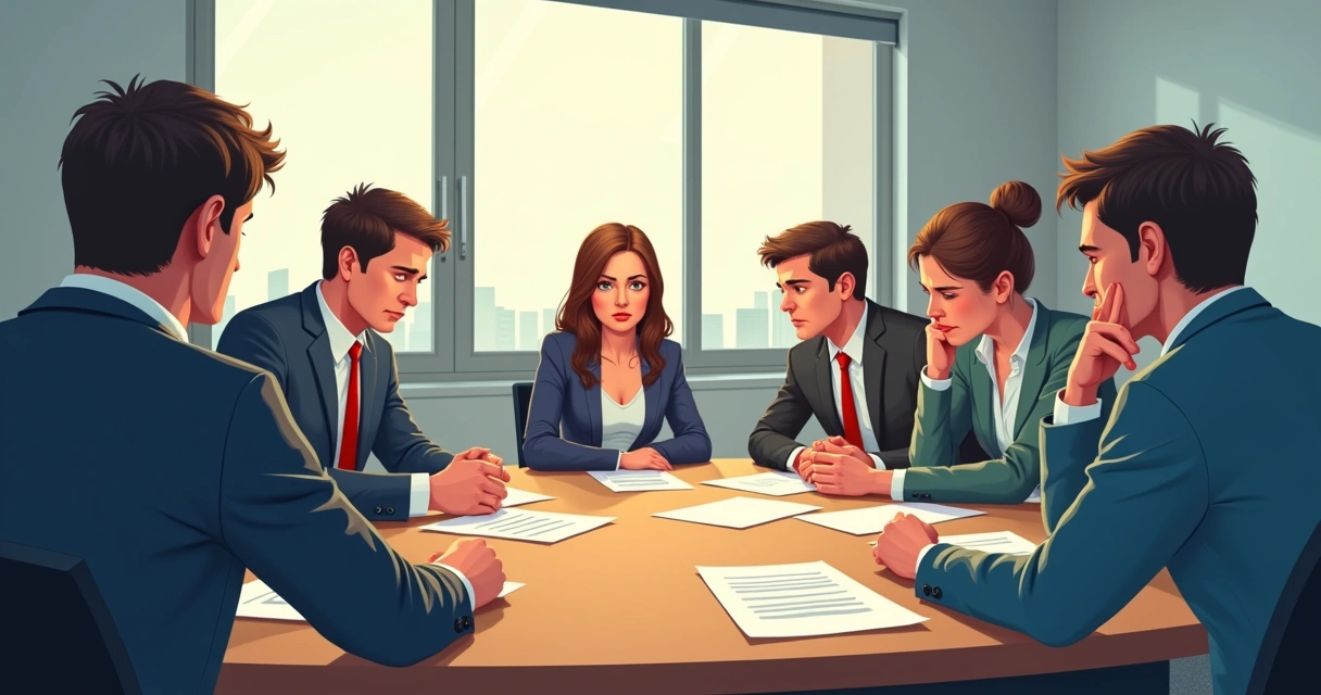 Ambiente de trabalho tóxico, pessoas sentadas em uma sala de reuniões, expressando desconforto, tensão no ar