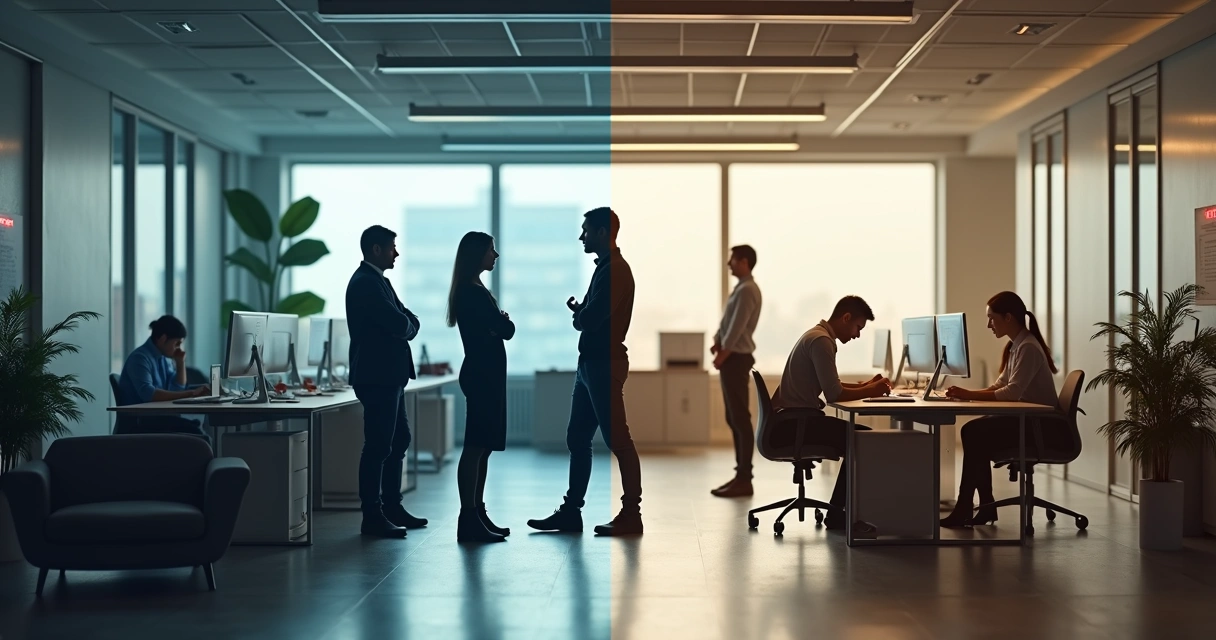 Pessoa em ambiente de trabalho dividido entre clima tóxico e relações equilibradas 