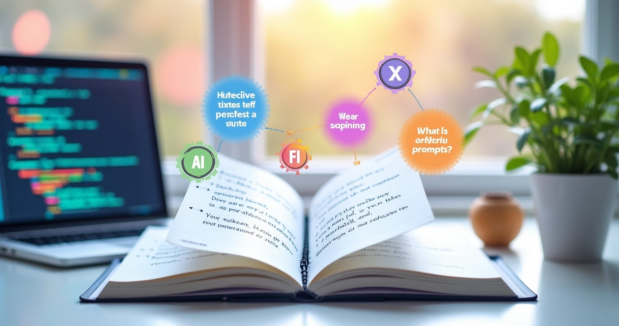 Ambiente de trabalho com ferramentas de IA e exemplos de prompts em um caderno aberto.