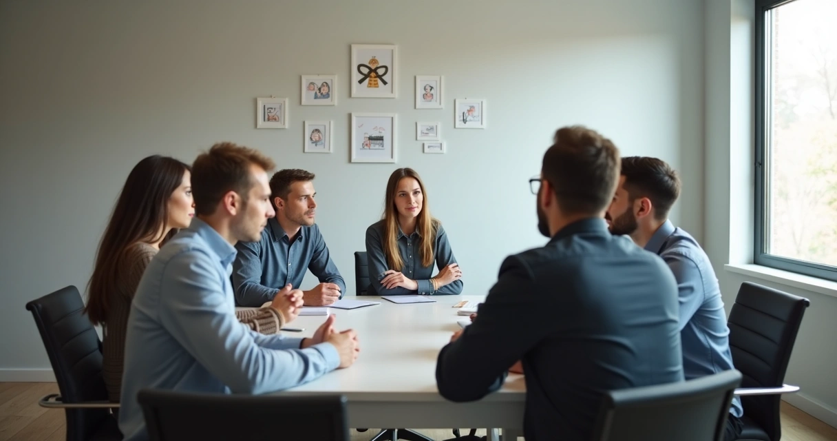 Profissionais conversando em uma sala de reunião com expressão aberta e colaborativa.