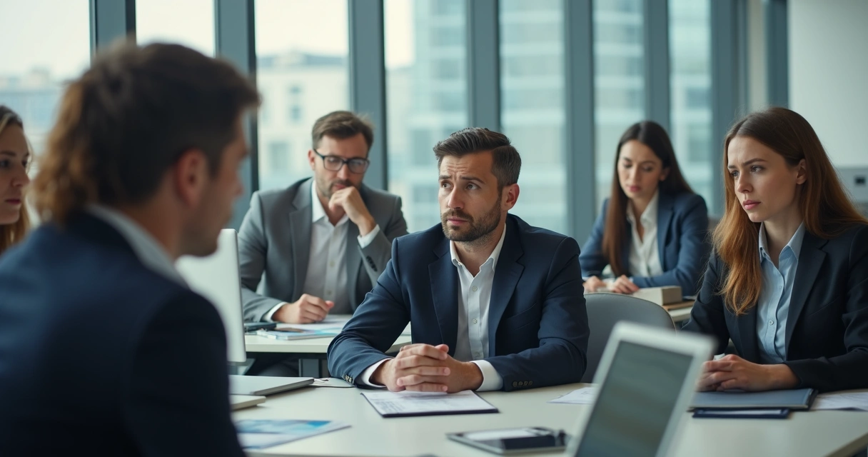 Ambiente de trabalho corporativo com pessoas preocupadas e tensão no ar 