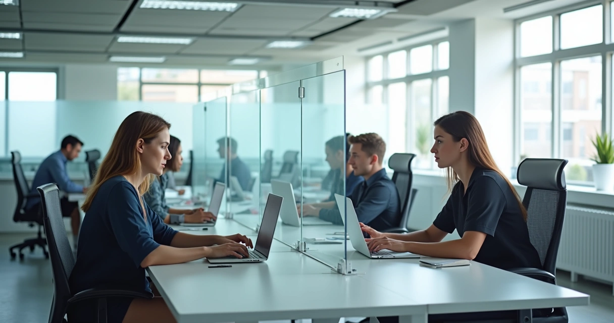 Ambiente de trabalho moderno com barreiras transparentes entre os funcionários, sugerindo obstáculos invisíveis à comunicação. 