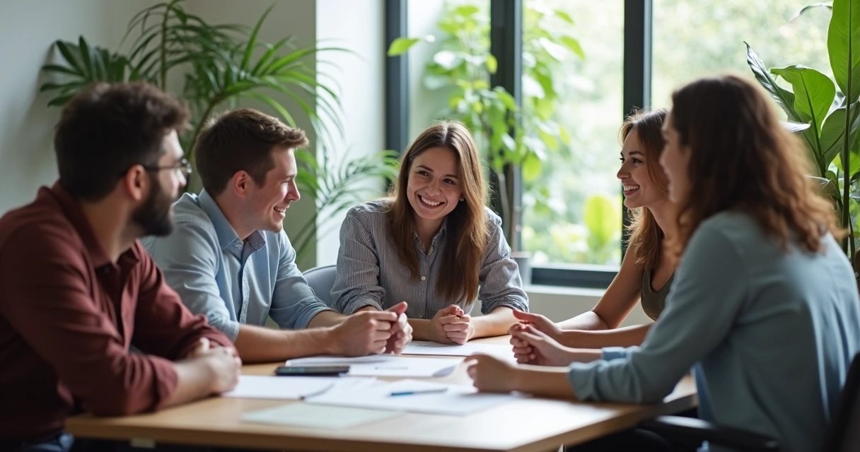 Colaboradores reunidos em ambiente de trabalho conversando 