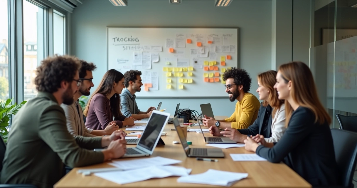 Equipe colaborando em uma sala de reuniões moderna