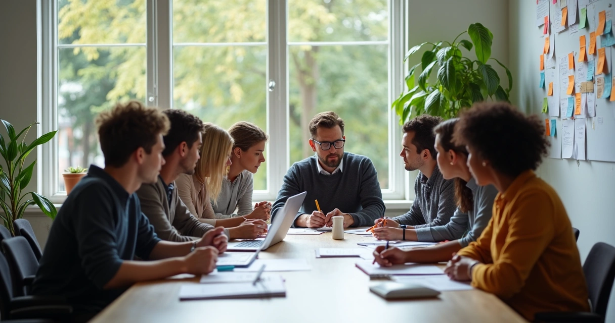 Grupo de pessoas reunidas em torno de uma mesa de trabalho, colaborando entre si 