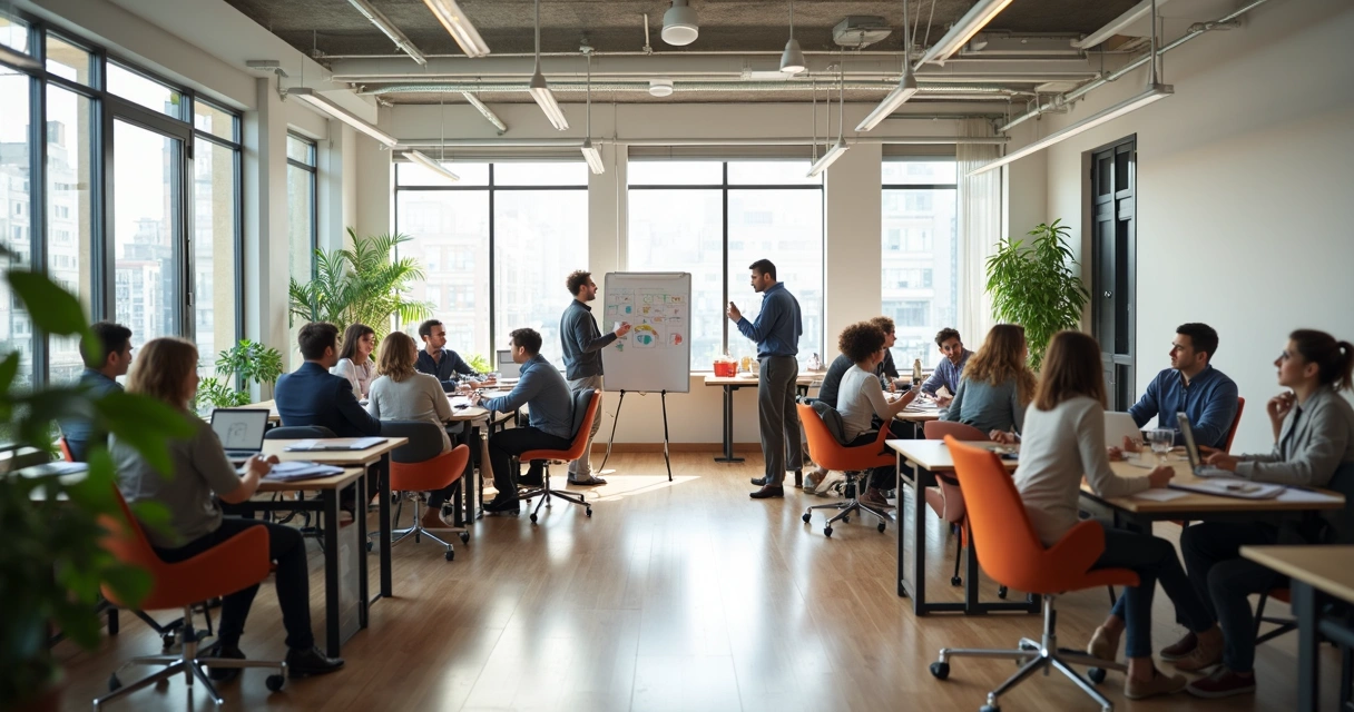 Espaço de trabalho aberto, pessoas colaborando em harmonia 