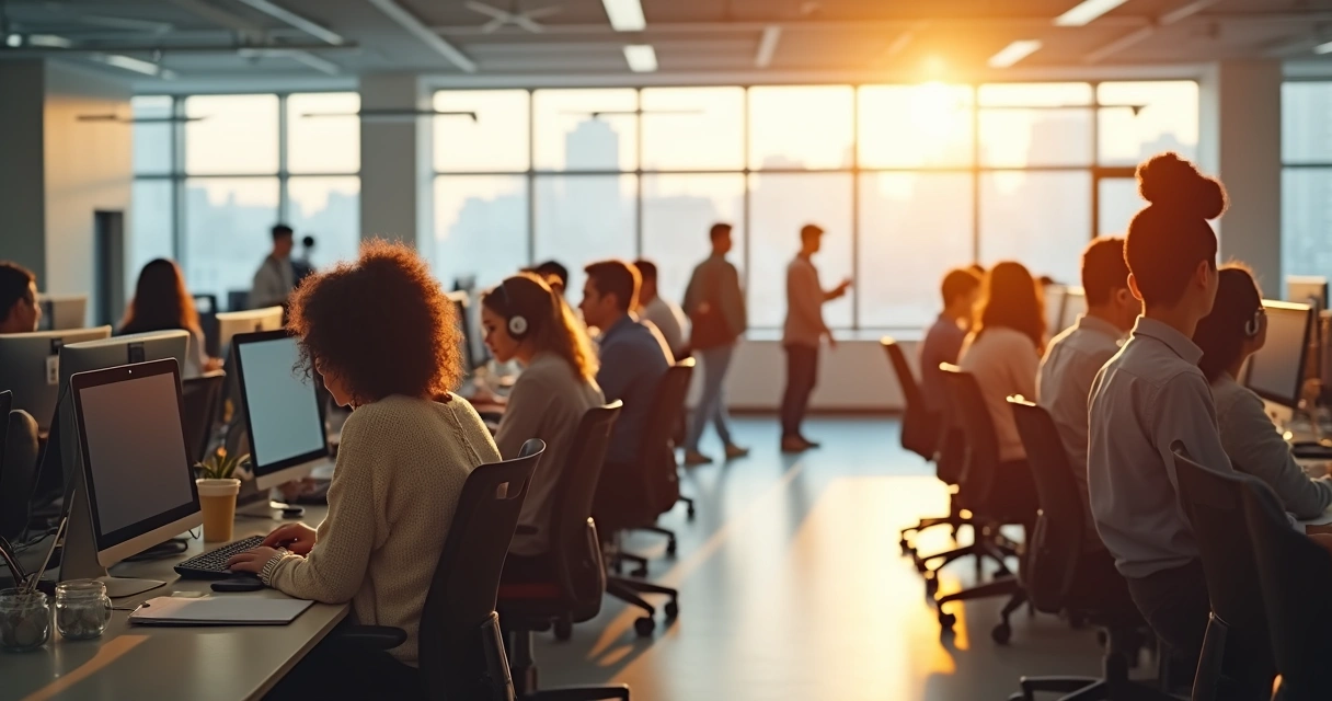Pessoas trabalhando em um escritório coletivo com fones de ouvido