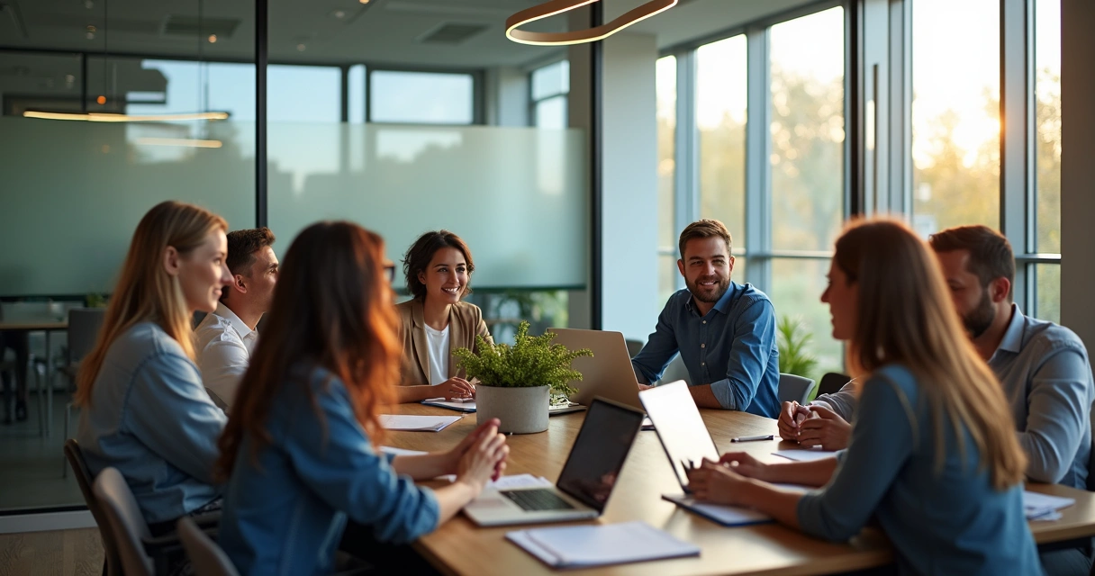 Espaço de trabalho moderno com colaboradores interagindo de forma autêntica 