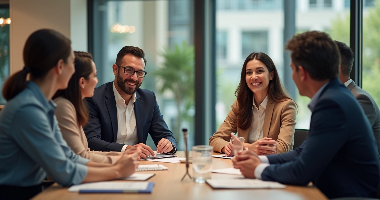 Grupo de pessoas em reunião de trabalho trocando ideias com confiança e envolvimento. 