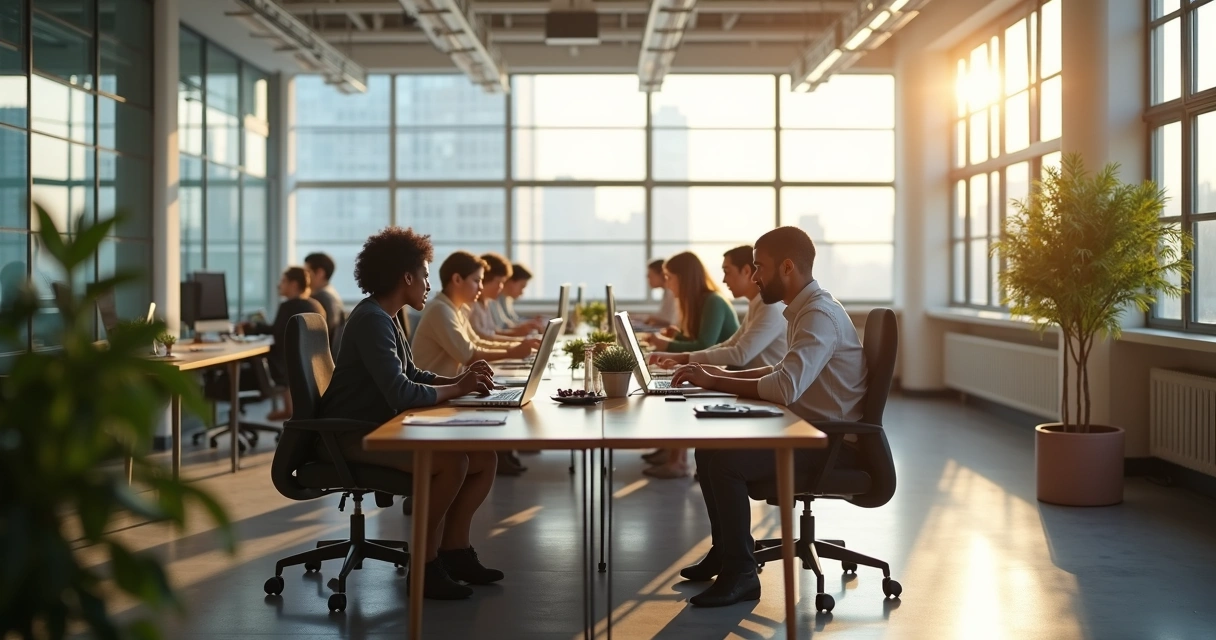 Espaço de trabalho aberto com pessoas calmas e concentradas 