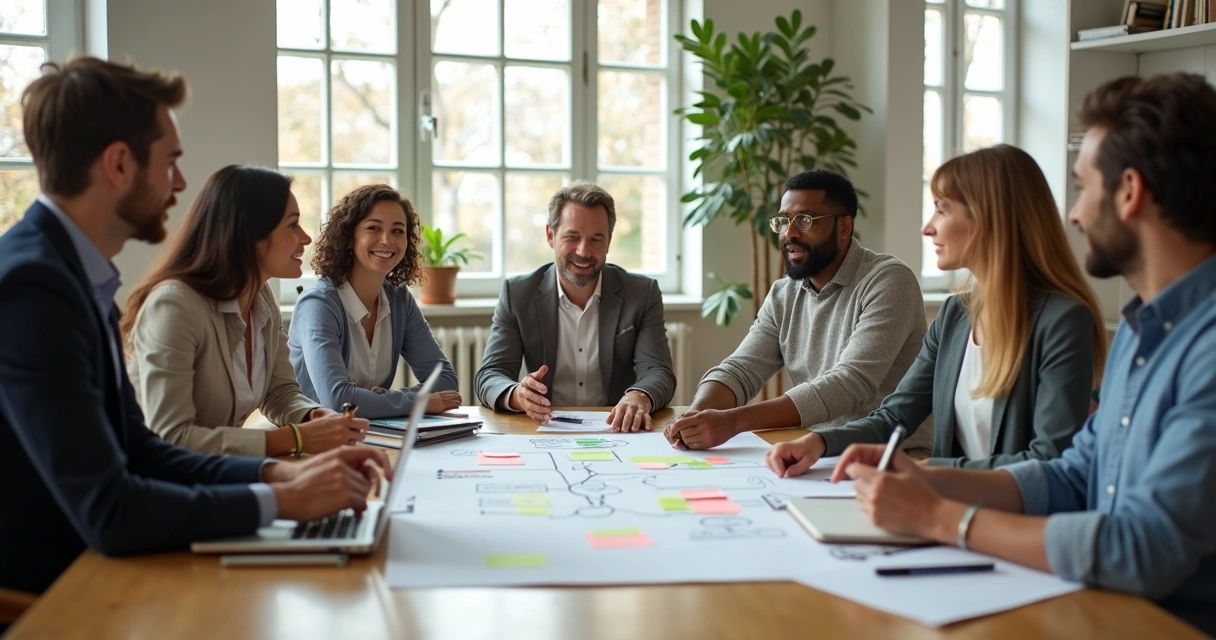 Equipe diversa reunida em mesa de trabalho colaborativa em escritório moderno e acolhedor 