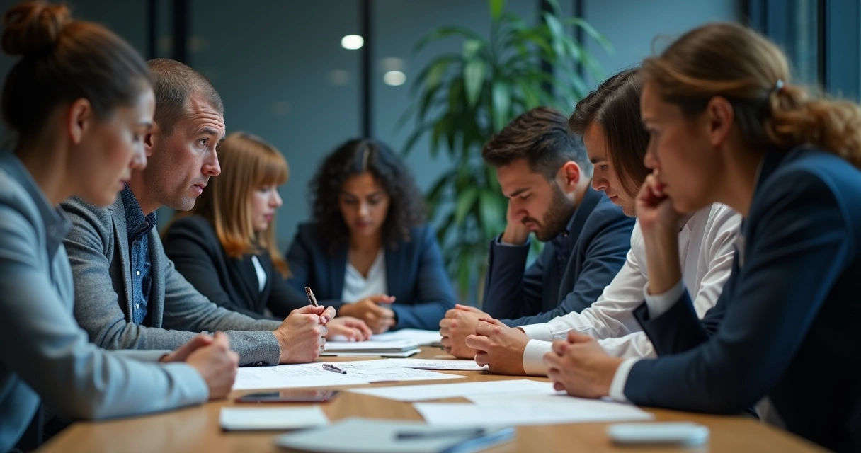 Equipe em escritório com expressões cansadas e clima pesado