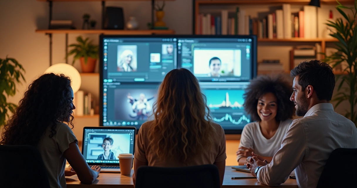 Pessoas sorrindo em ambiente digital de trabalho compartilhado 