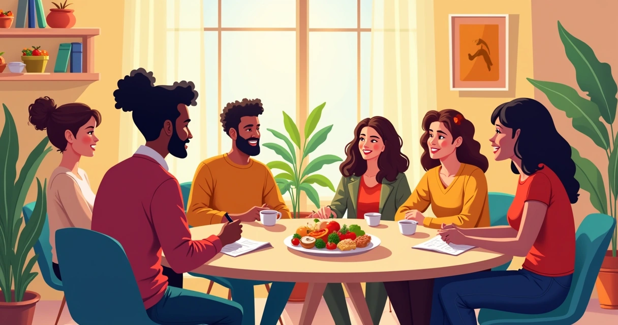 Ambiente de trabalho vibrante com equipe diversa discutindo em torno de uma mesa cheia de pratos culturais.