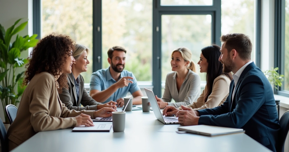 Grupo de pessoas conversando em ambiente de trabalho 