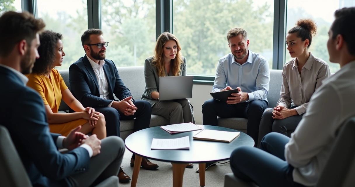 Grupo de colegas em escritório moderno discutindo em círculo enquanto um colega fala 