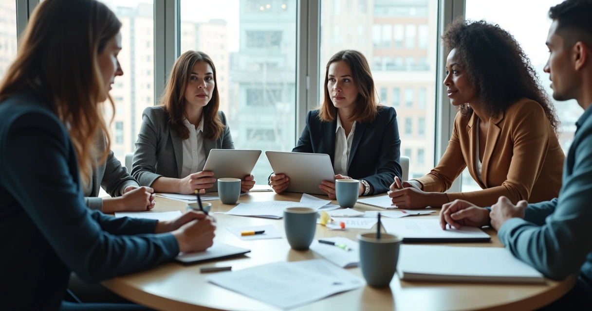 Equipe reunida ao redor de mesa redonda com expressão de colaboração