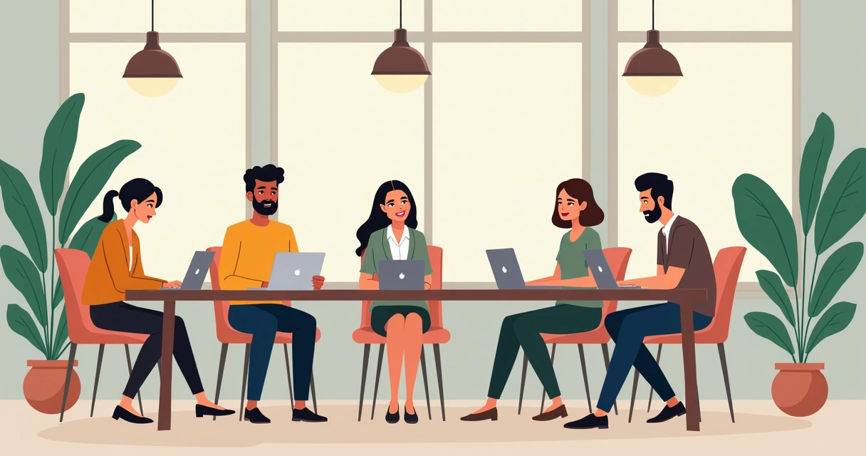 Ambiente de trabalho equilibrado com colegas conversando e luz suave 