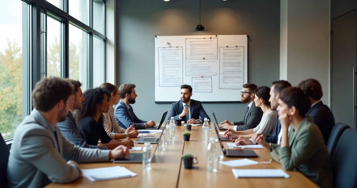 Equipe reunida discutindo prioridades com calma