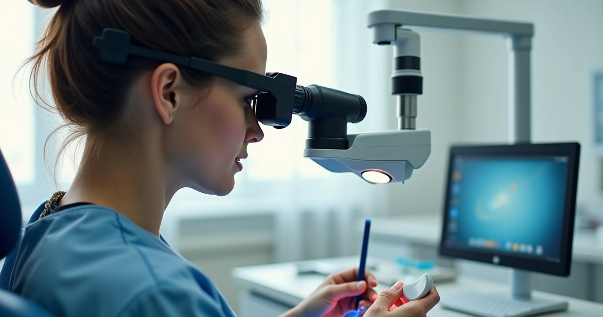 Profissional utilizando lupa binoculares em ambiente clínico, postura ereta e iluminação controlada 