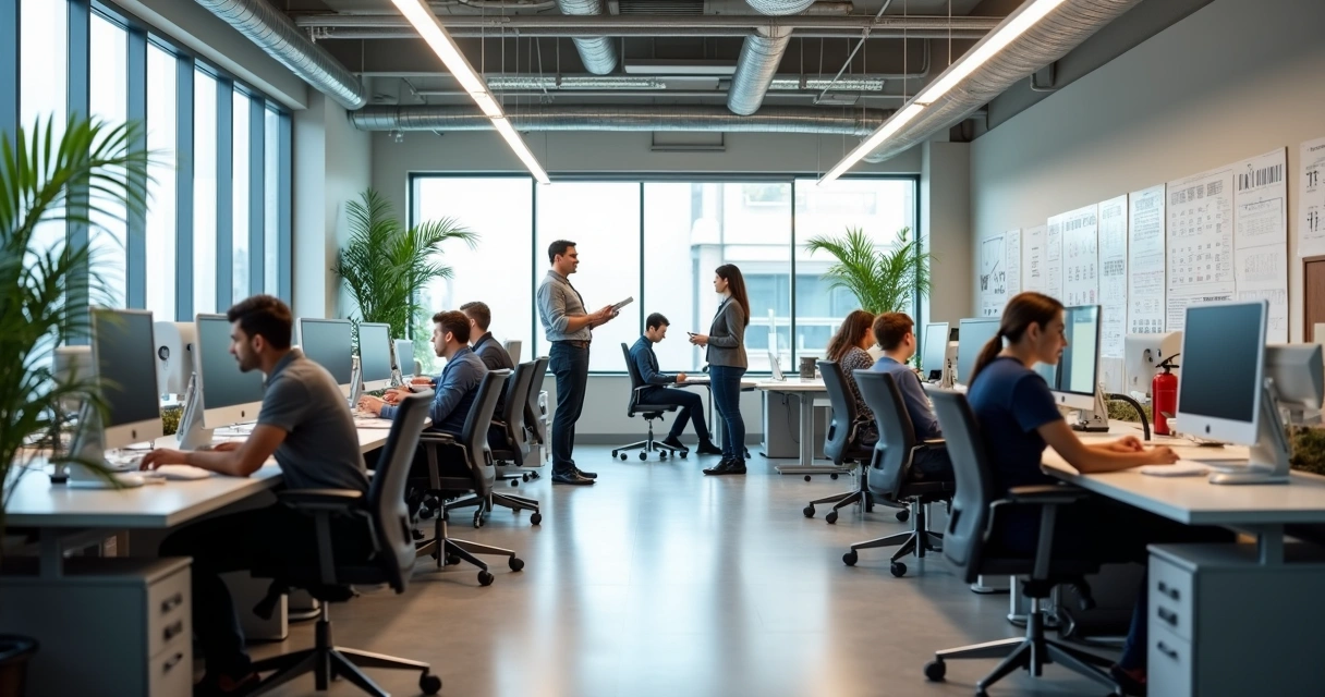 Ambiente de trabalho com móveis ergonômicos e funcionários 