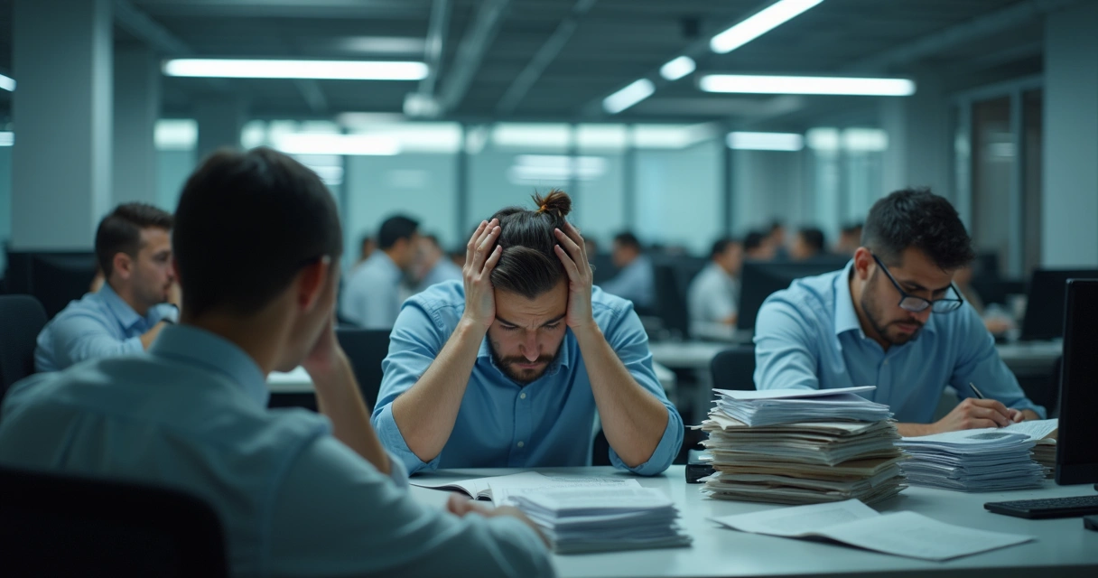Ambiente de trabalho com vários funcionários esgotados no escritório 