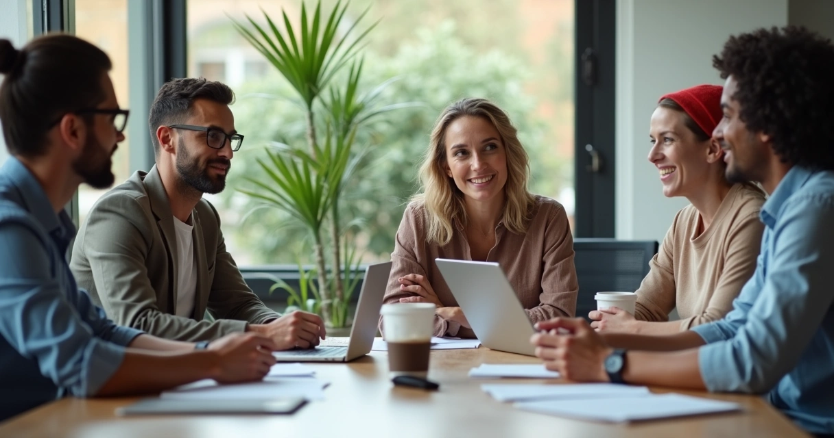 Equipe reunida ao redor de uma mesa, conversando com papéis e computadores.